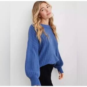 Aerie Blue Fuzzy Knit Buttercream Crew Neck Womens Sweater Size XL Loose Fit